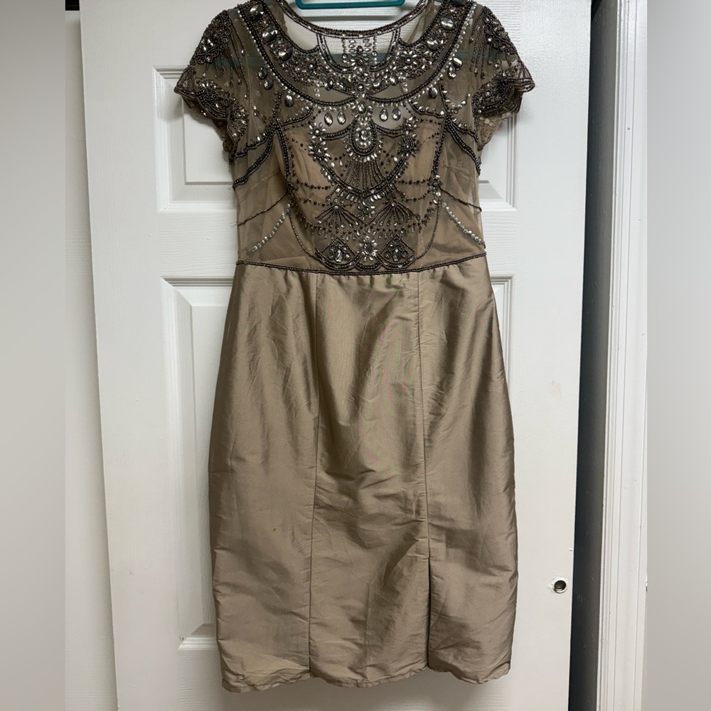 Adrianna Papell Beaded Mini Dress in Tan
